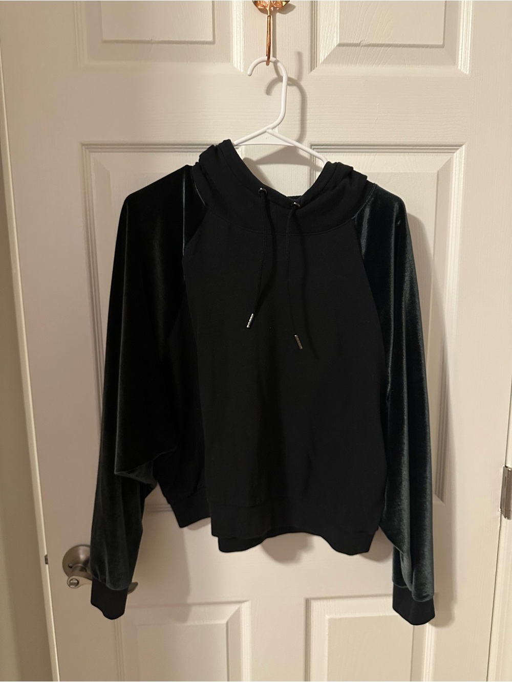 Black Velvet-Sleeve Drawstring Hoodie